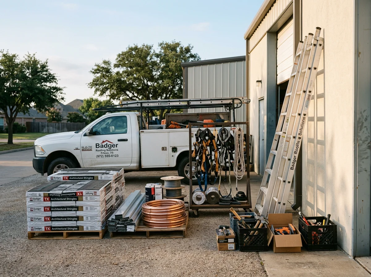 Contractor crew and tools ready for residential roofing and exterior work on a home project site.