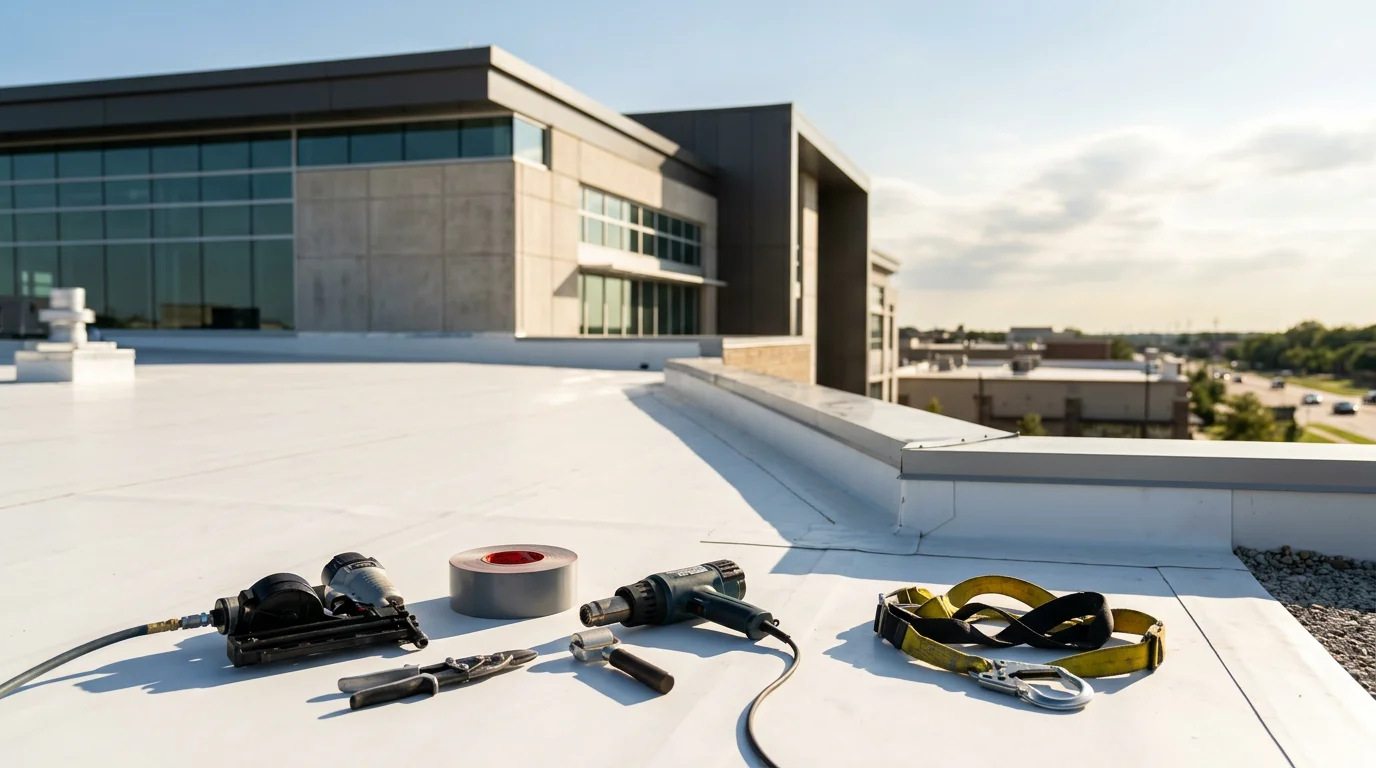 Commercial roofing installation on Dallas/Ft. Worth business building with metal and TPO materials