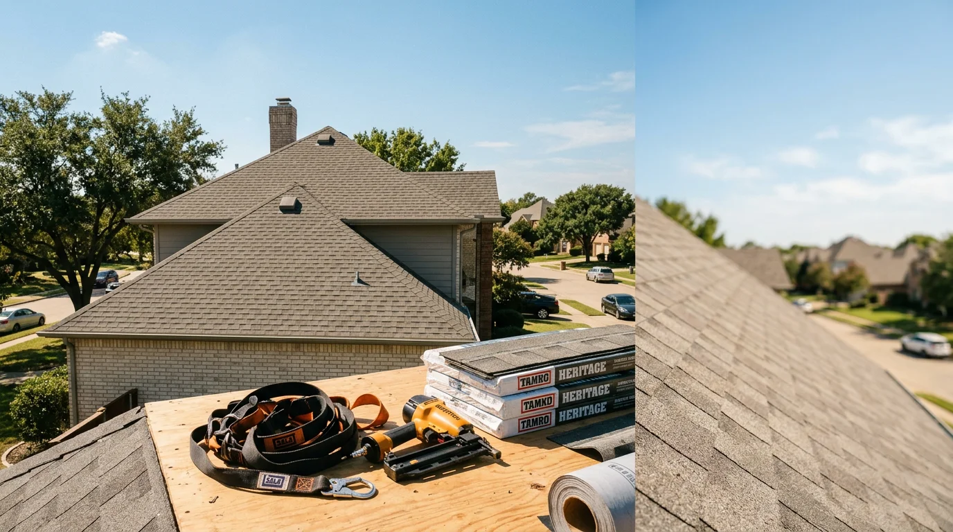 Professional roofer installing shingles on residential home