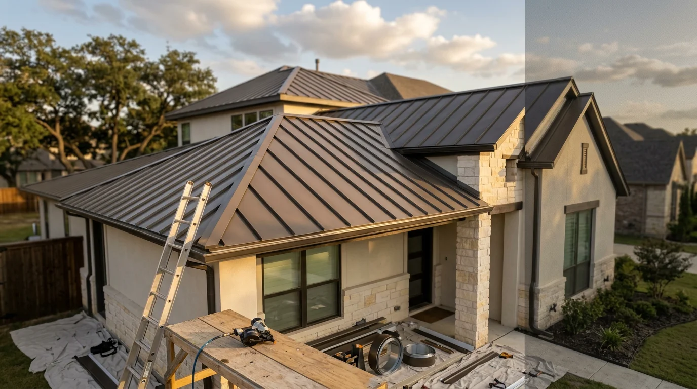 Luxury home with standing seam metal roof and stone coated steel accents in Dallas/Ft. Worth, Texas