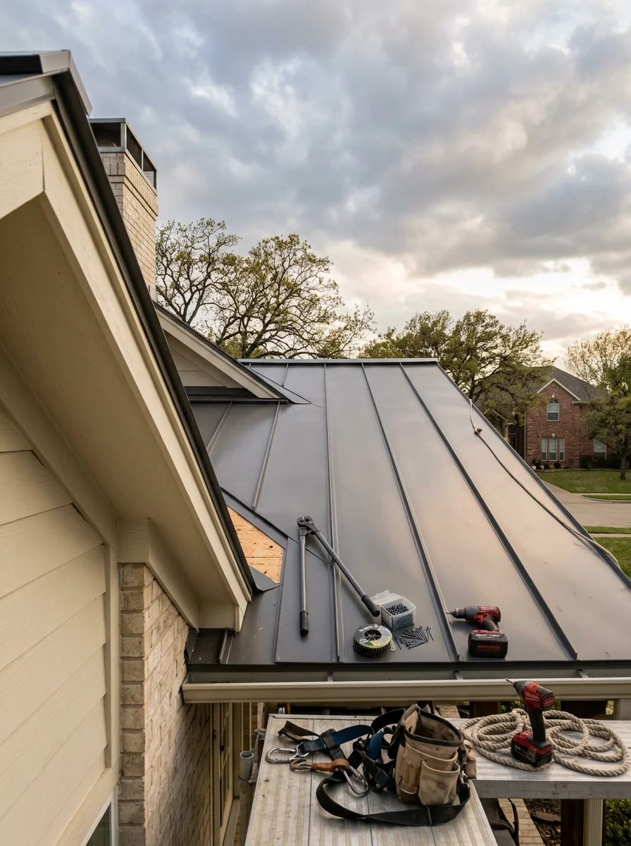 Badger Roofing Solutions crew installing standing seam metal roof on Allen residential property with spring storm clouds in background