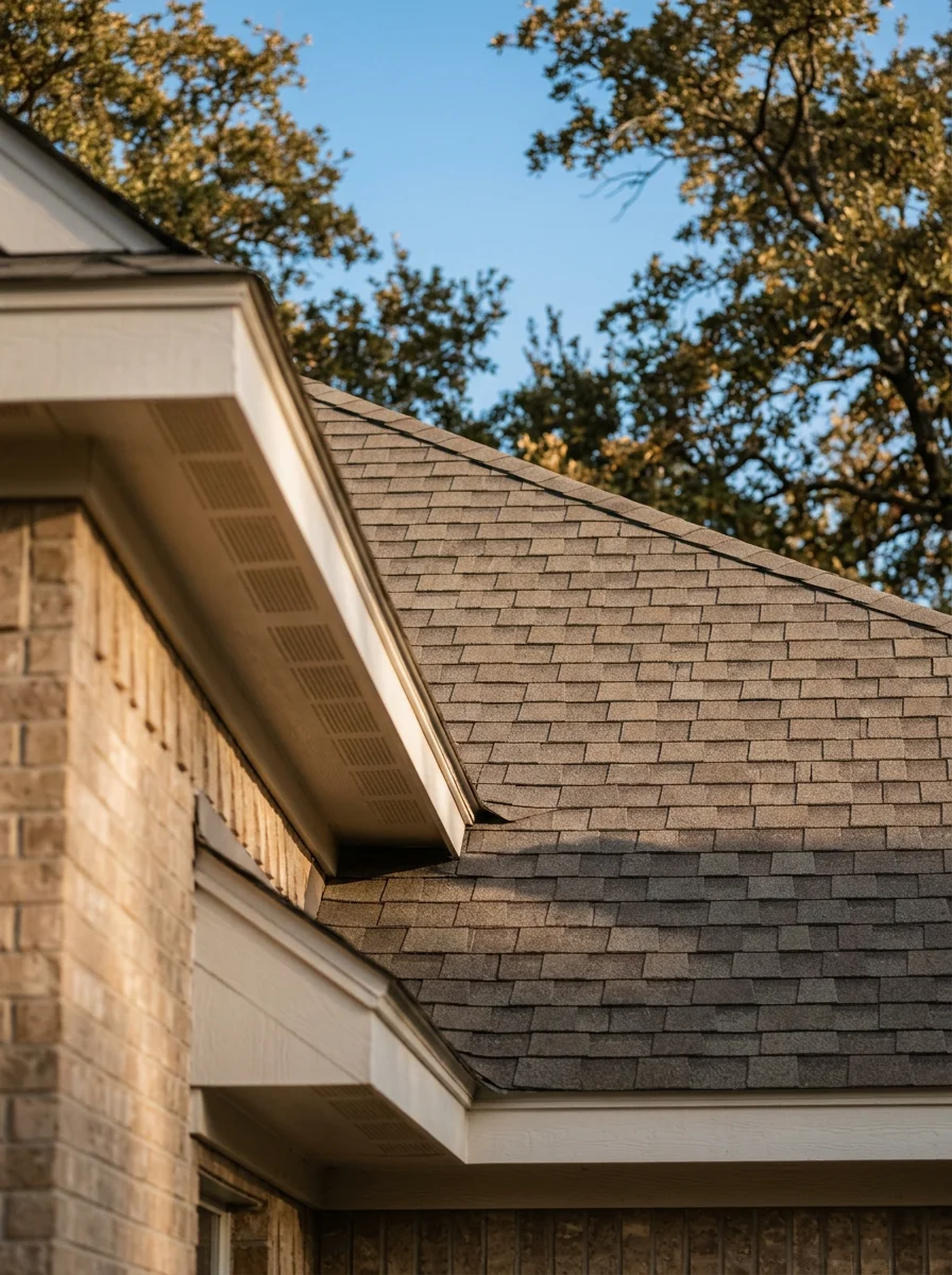 Professional roofing contractor installing premium shingles on Burleson home with clear blue sky