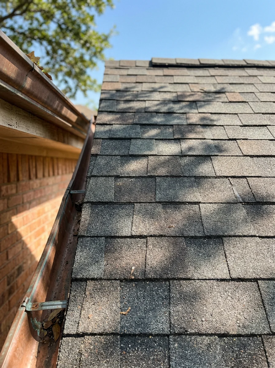 Close-up of premium roofing shingles on Dallas residential home with clear weather