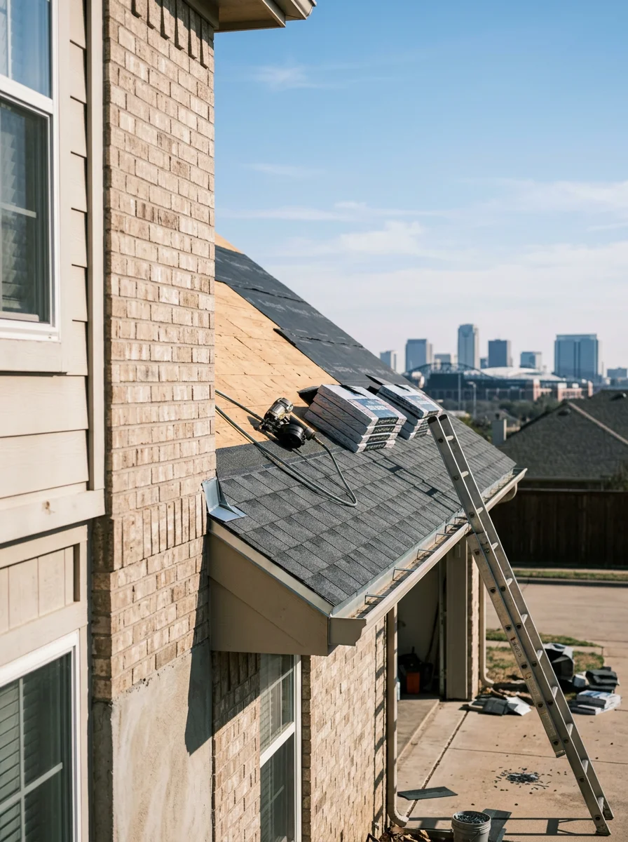 Professional roofing crew installing new roof on Grand Prairie home with Mid-Cities skyline in background