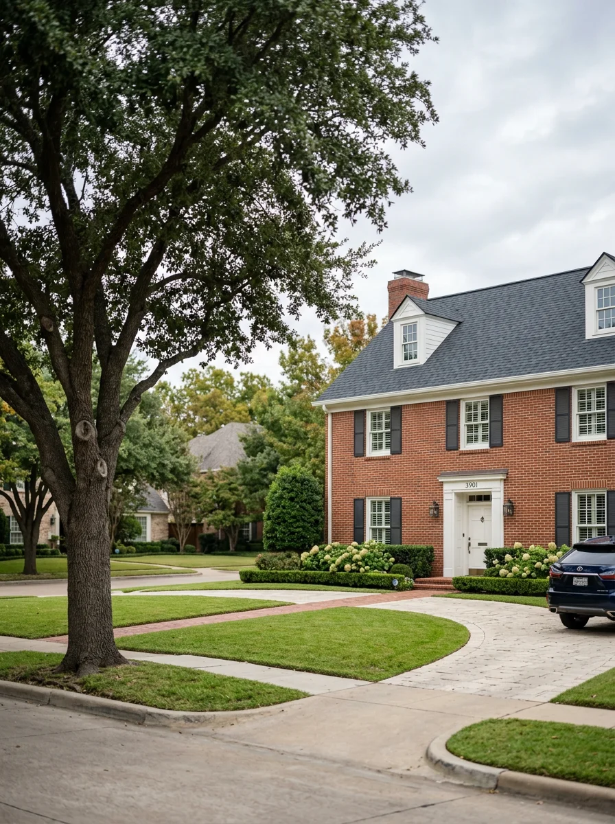 Highland Park residential street with well-maintained roofing and exterior finishes