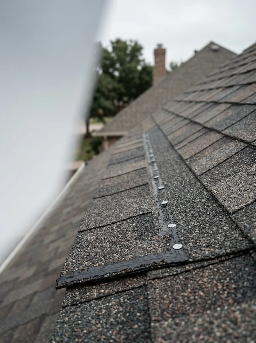 Close-up of hail-resistant shingles on residential roof with visible wind-rated fastening in McKinney neighborhood