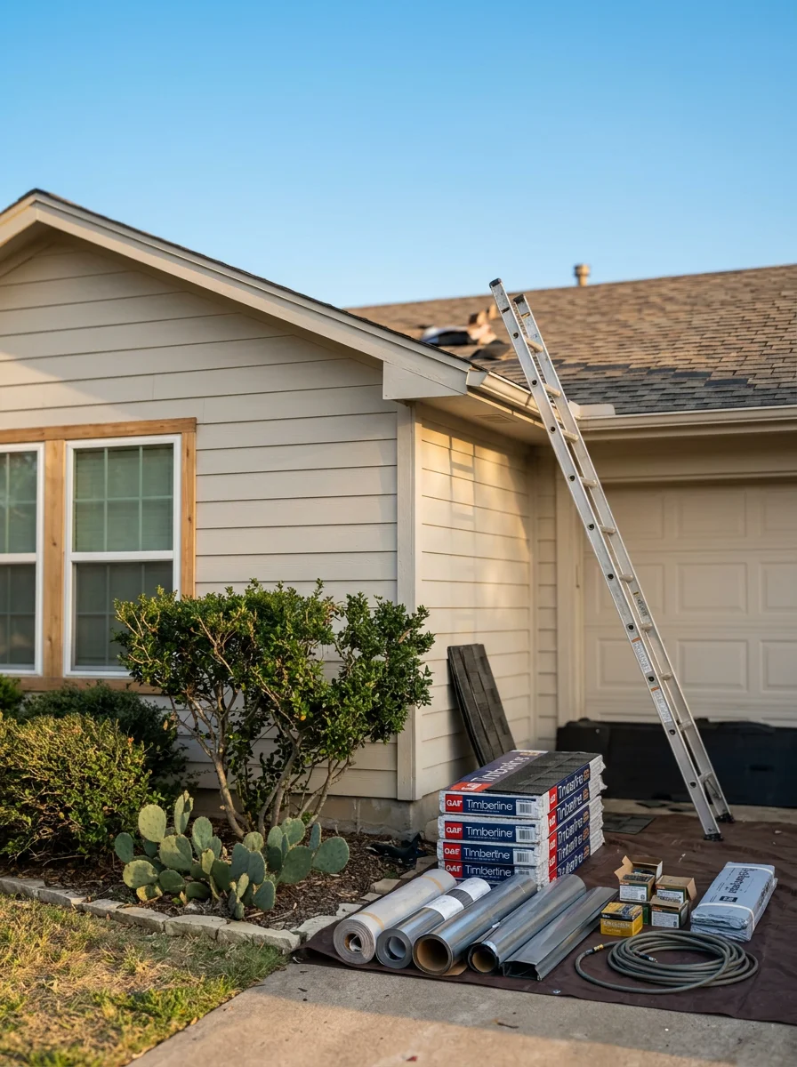 Residential roofing installation on a home in Richardson with clear blue Texas sky