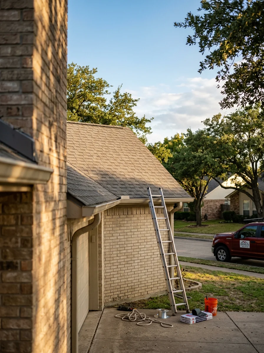 Professional roofing installation on Wylie home with clear blue sky
