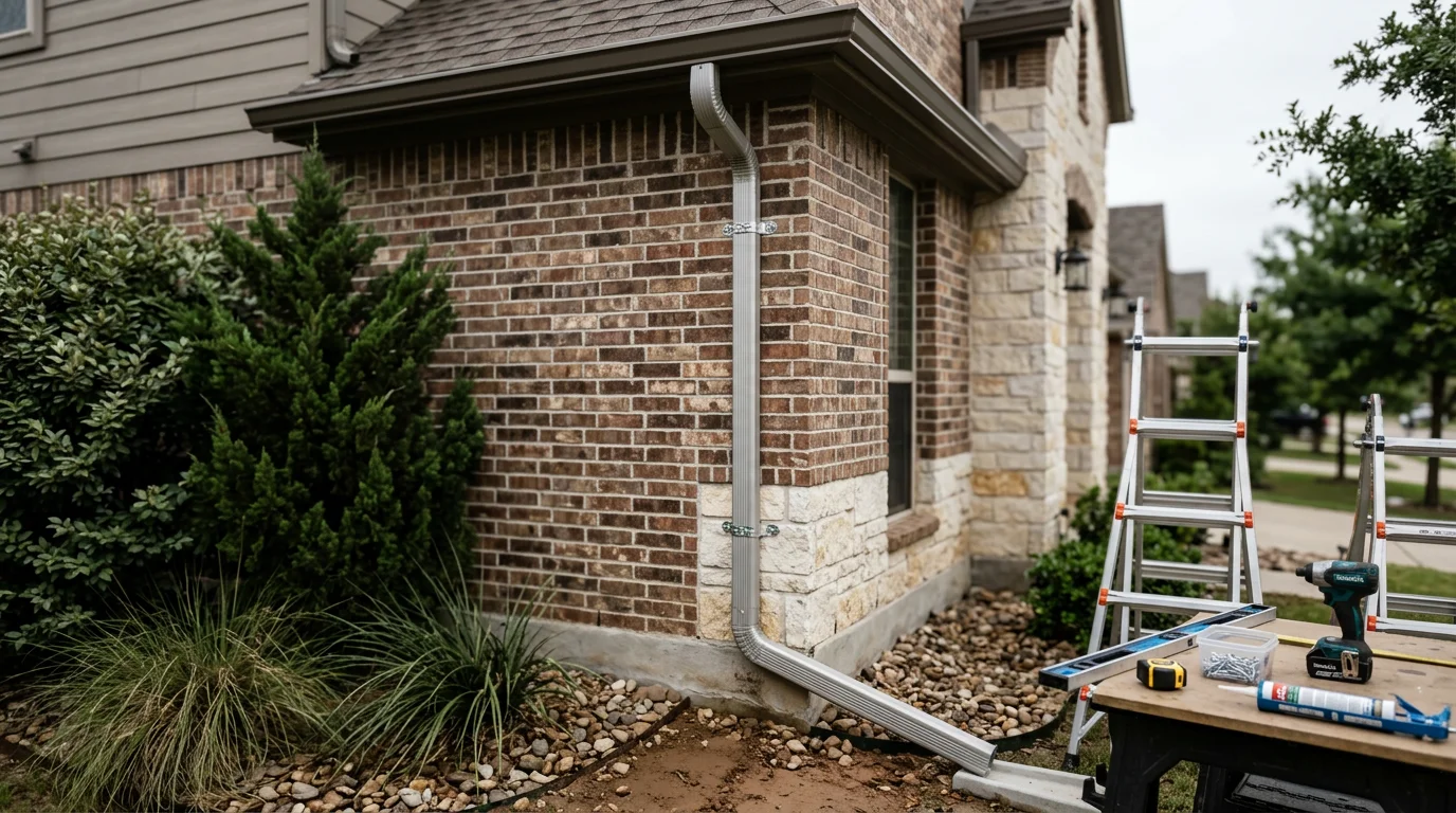 A freshly installed downspout on a two-story Dallas/Ft. Worth home, secured to brick exterior and extended at the base to direct water away from the foundation. The surrounding lawn shows no pooling or soil erosion near the structure.