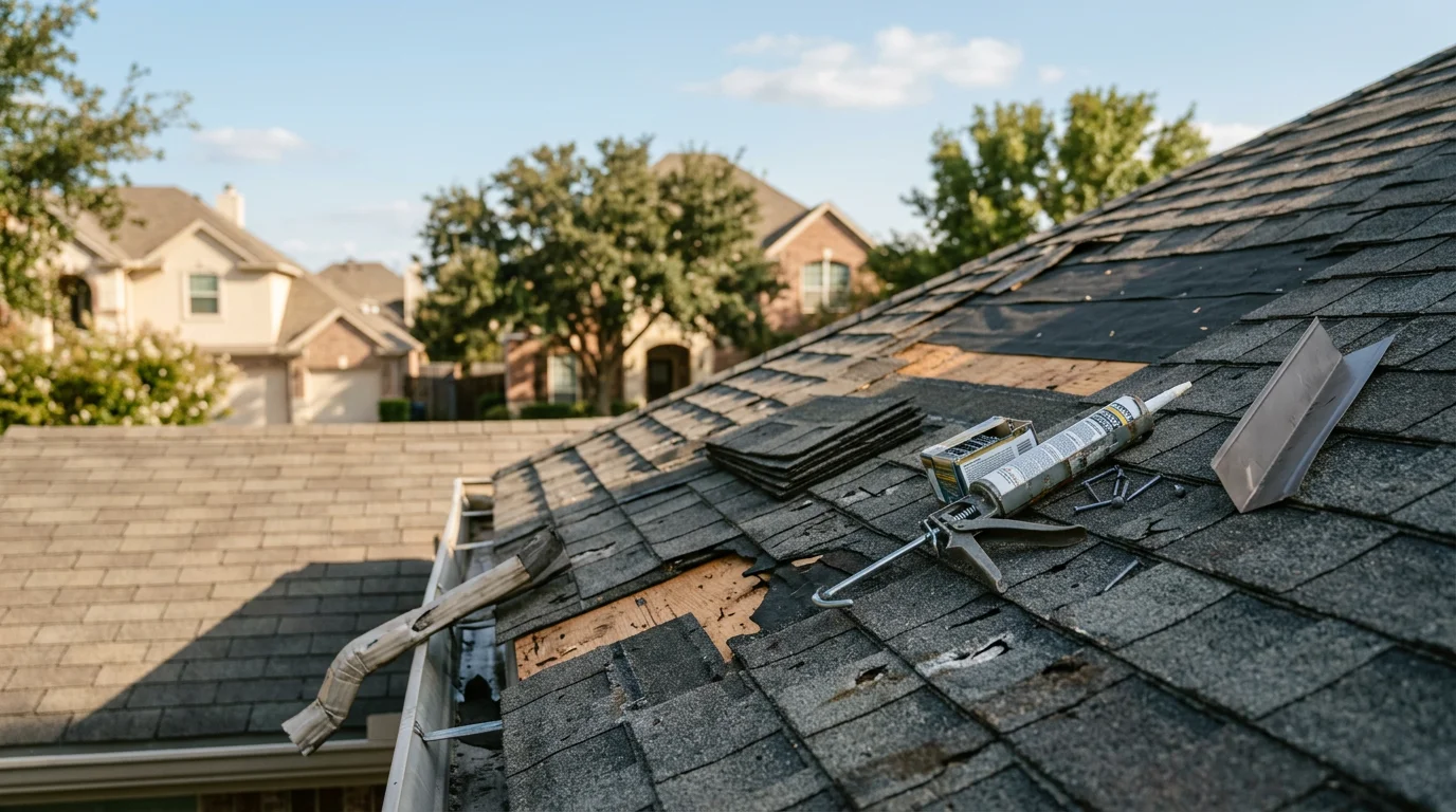 A Dallas/Ft. Worth residential roof with hail-damaged shingles being repaired by a roofing contractor, with granule loss and lifted flashing visible along the ridge line. A Badger Roofing Solutions crew member inspects the storm-affected surface on a North Texas home.