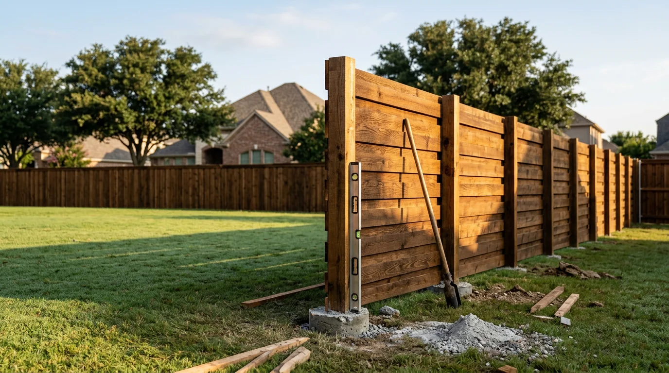 A completed board-on-board wood privacy fence installed along the rear yard of a single-family home in Dallas/Ft. Worth, Texas. Fence posts are set in concrete with evenly spaced panels at full height along the property line.