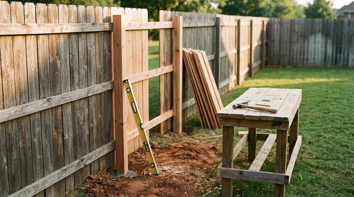 A repaired wood privacy fence in a Dallas/Ft. Worth, TX backyard showing replaced boards and a reset post with no visible leaning or panel separation. The fence line runs along a residential property with a maintained lawn visible in the foreground.