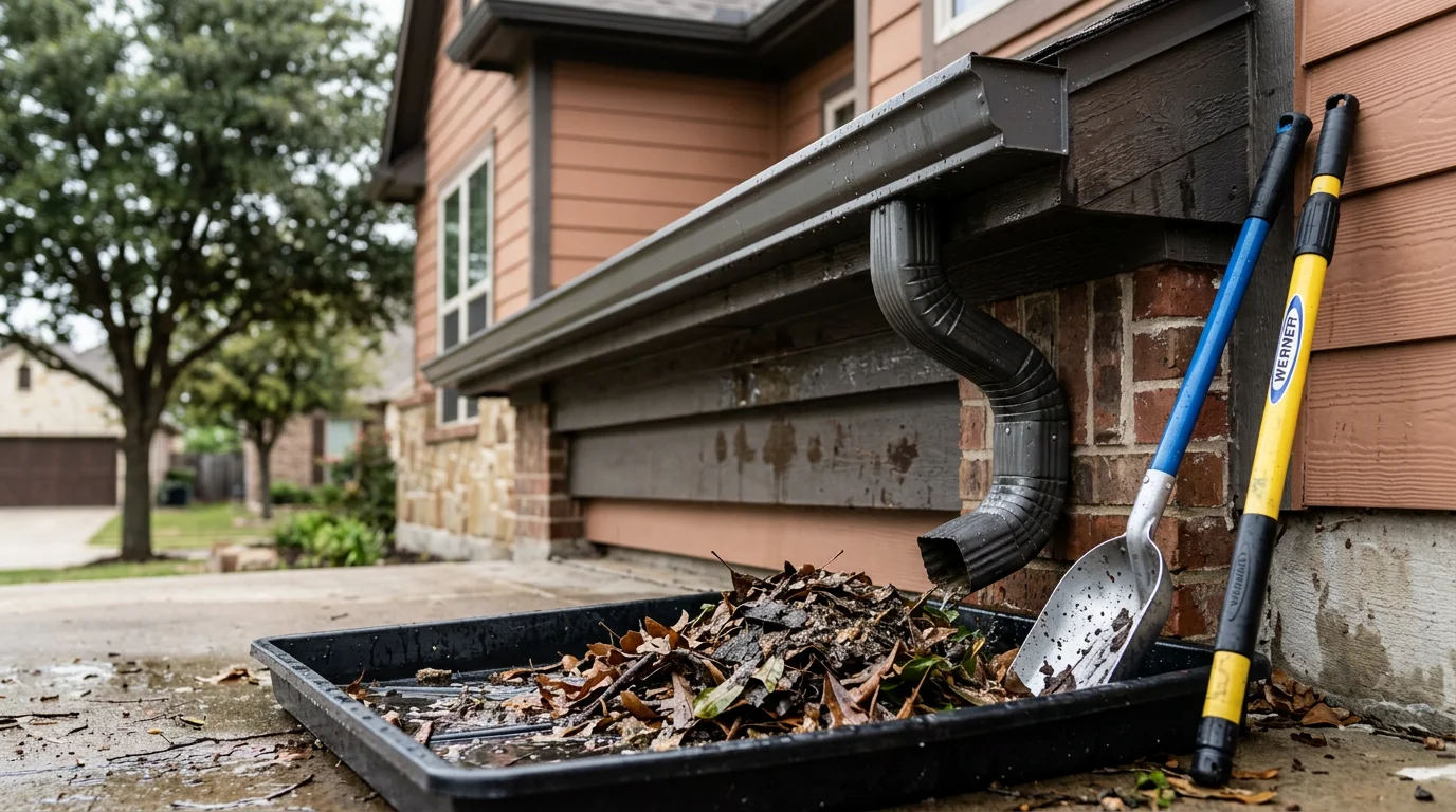 A Badger Roofing Solutions crew member clearing packed leaf and debris buildup from a residential gutter on a Dallas/Ft. Worth, Texas home. The downspout runs clear after cleaning, with the home's roofline and yard visible in the background.
