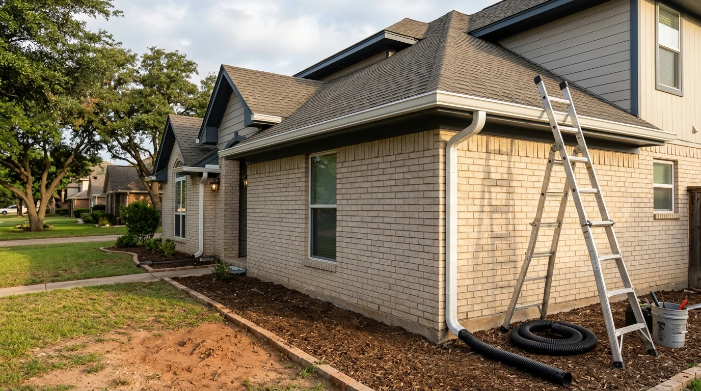 Newly installed gutters and downspouts running along the roofline of a brick residential home in Dallas/Ft. Worth, Texas. Downspouts extend away from the foundation toward a gravel drainage strip along the home's perimeter.
