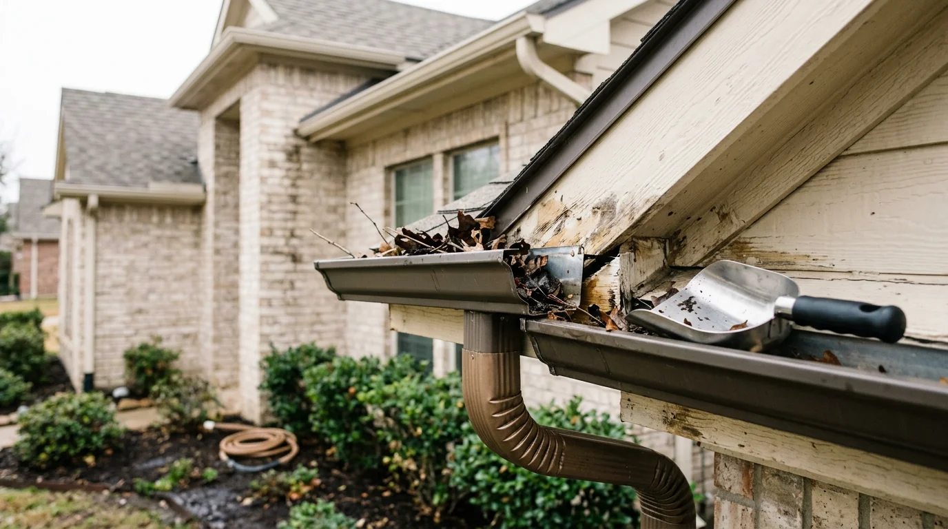 A Badger Roofing Solutions technician reattaching a sagging gutter section on a residential home in Dallas/Ft. Worth, Texas. The repaired gutter run is flush against the fascia board with a downspout directing water away from the foundation.
