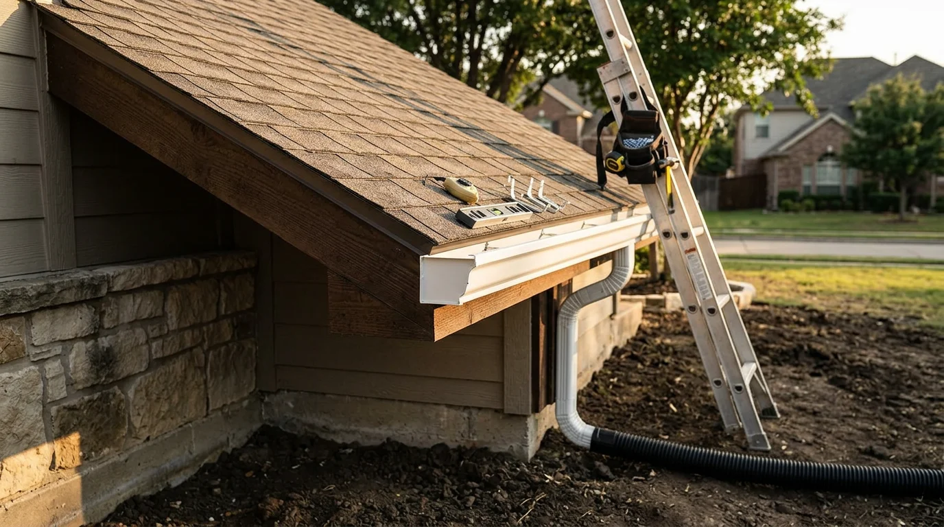 New gutter system installed along the roofline of a Dallas/Ft. Worth, Texas home, with a downspout directing water away from the foundation. Close view shows clean fascia attachment and proper slope on a residential property.
