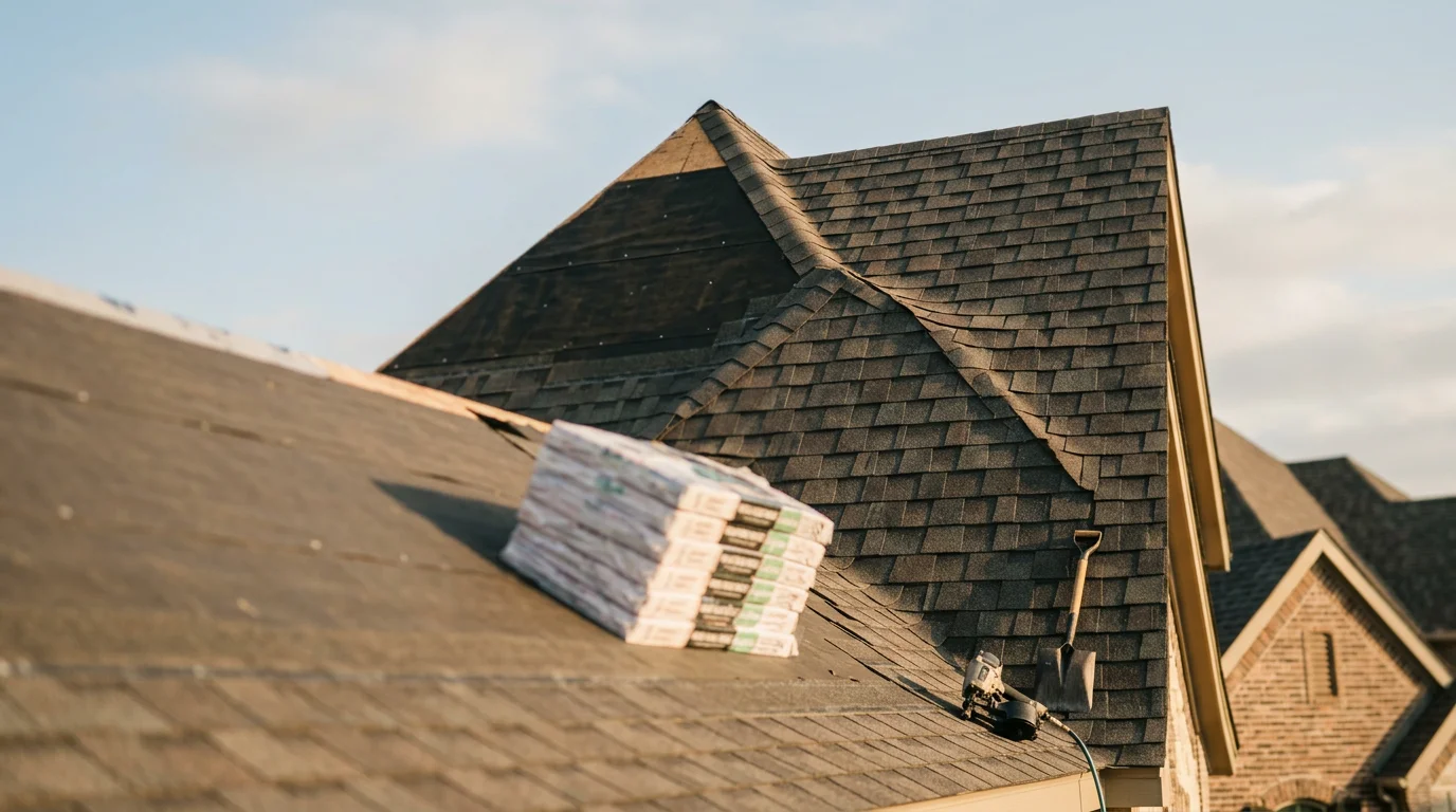 A two-story Dallas/Ft. Worth home with a freshly installed high end designer shingle roof featuring deep dimensional shadow lines across a multi-gable roofline. The shingles show rich layered texture against the home's brick exterior under a clear North Texas sky.