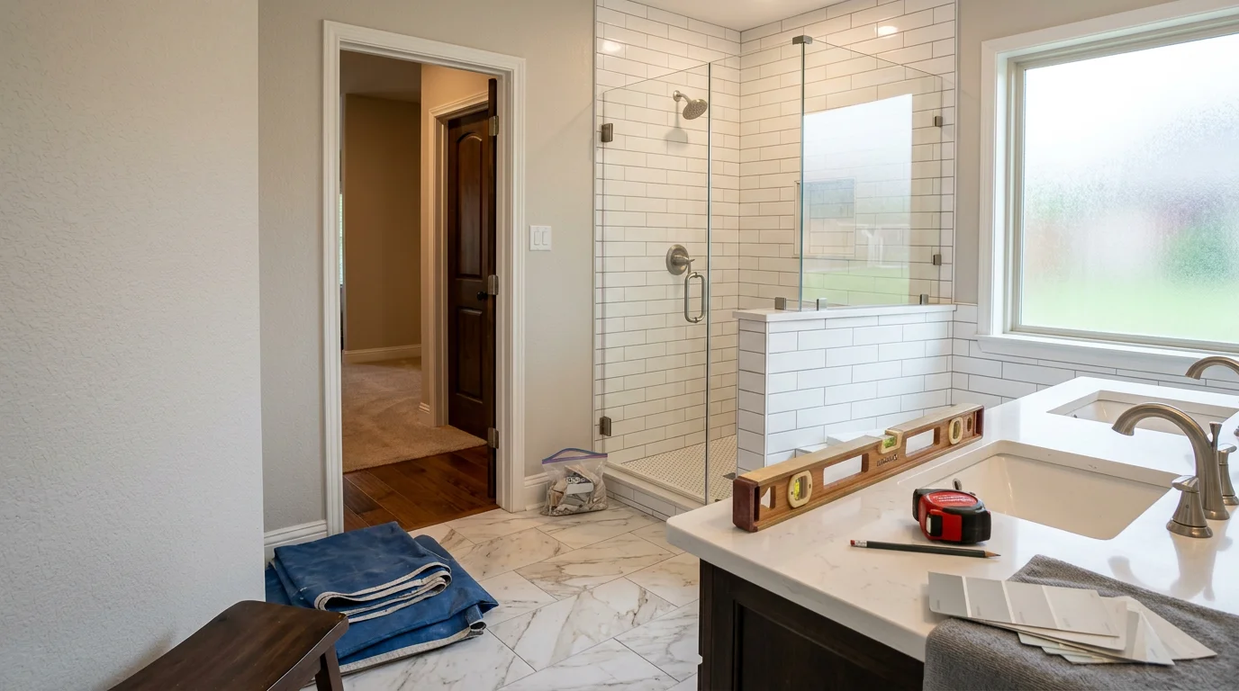 A remodeled open-concept kitchen and living area inside a Dallas/Ft. Worth, Texas home, showing updated cabinetry, modern countertops, and new flooring replacing original builder-grade finishes. The space reflects a clean, functional interior layout typical of upgraded homes in North Texas.