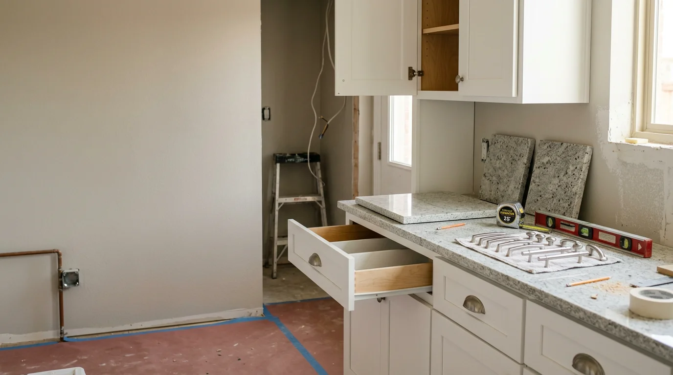 Remodeled kitchen in a Dallas/Ft. Worth, Texas home featuring updated cabinetry, new countertops, and an open layout replacing the original builder-grade finishes. Interior view showing finished renovation work completed by Badger Roofing Solutions.