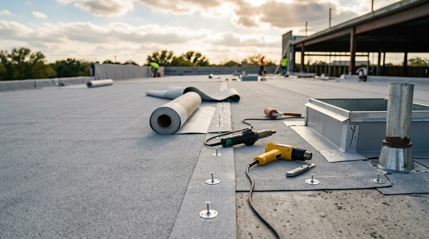 A newly installed commercial flat roof on a large office building under construction in Dallas/Ft. Worth, Texas, with surrounding steel framing and a clear North Texas sky visible in the background. The roof deck and drainage system are fully set, ready for final inspection.