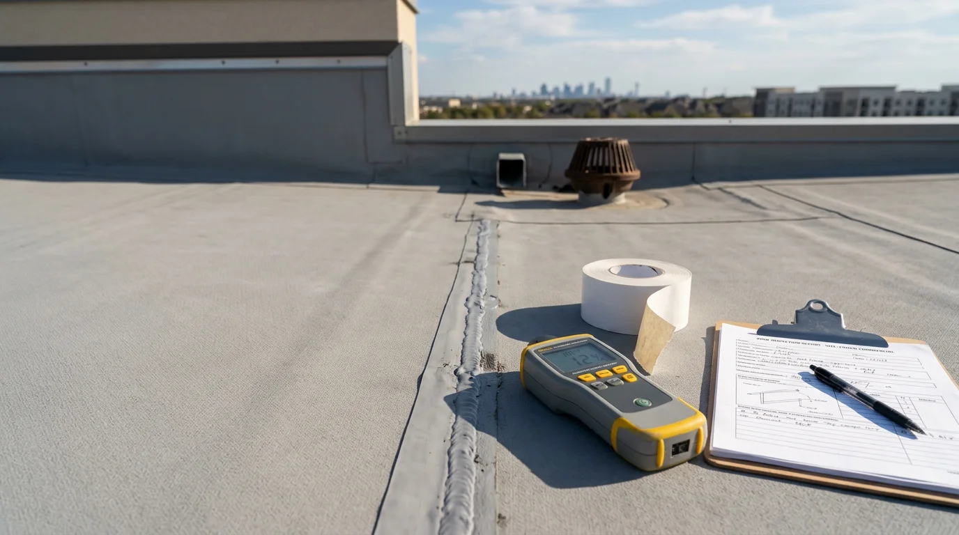 A commercial roofing technician inspecting the flat membrane surface and flashing of a low-slope commercial building in Dallas/Ft. Worth, Texas. The image shows close-up repair work on a seam near a rooftop drain on a clear North Texas day.