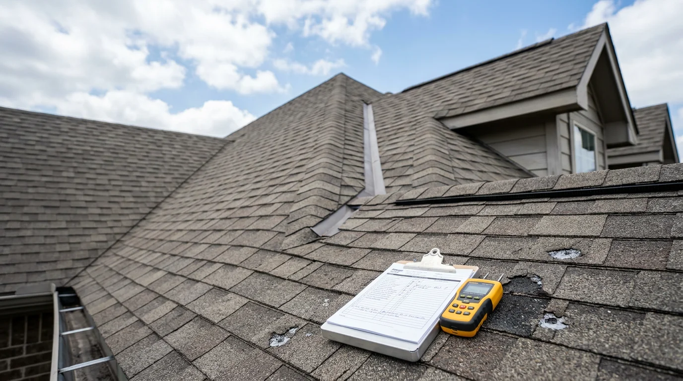 A Badger Roofing Solutions inspector examining shingles and flashing on a two-story Dallas/Ft. Worth, Texas home following a hail storm. Close-up view shows granule loss and impact marks documented during a professional roof inspection.