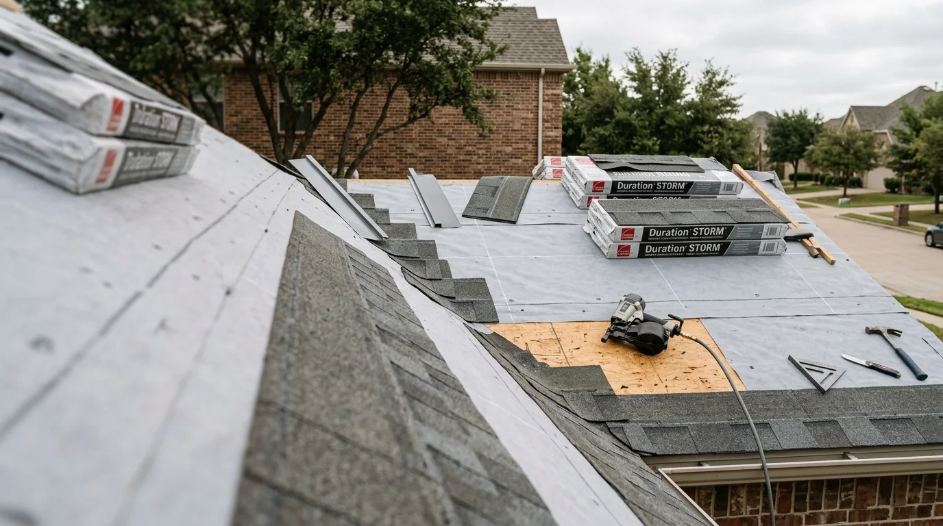 A completed residential roof installation on a two-story Dallas/Ft. Worth, Texas home, showing uniform shingle courses, finished ridge cap, and step flashing along a side dormer. The surrounding street reflects a typical Dallas/Ft. Worth master-planned neighborhood with similar rooflines visible on adjacent homes.