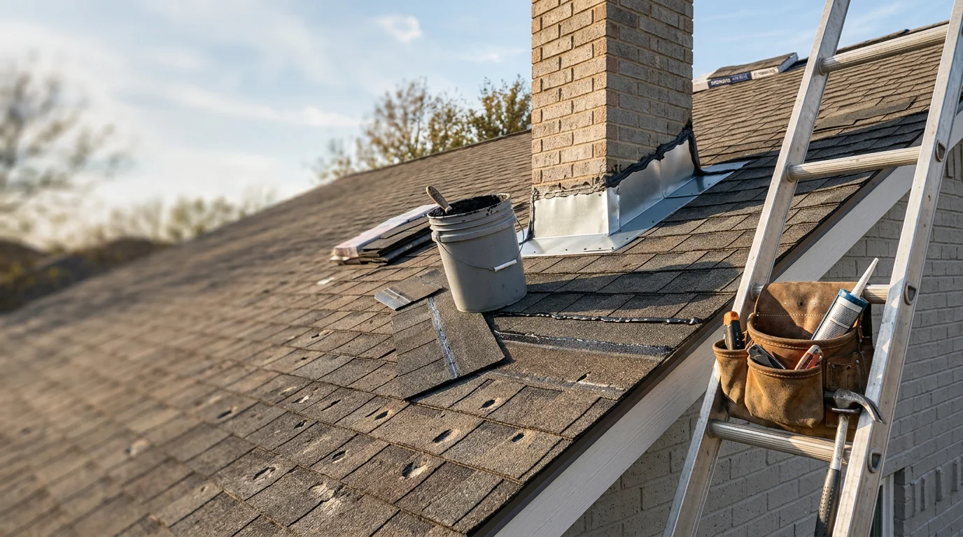 A Badger Roofing Solutions crew member inspecting hail-damaged shingles on a two-story residential roof in Dallas/Ft. Worth, Texas. Close-up view shows granule loss and impact marks consistent with North Texas storm damage.