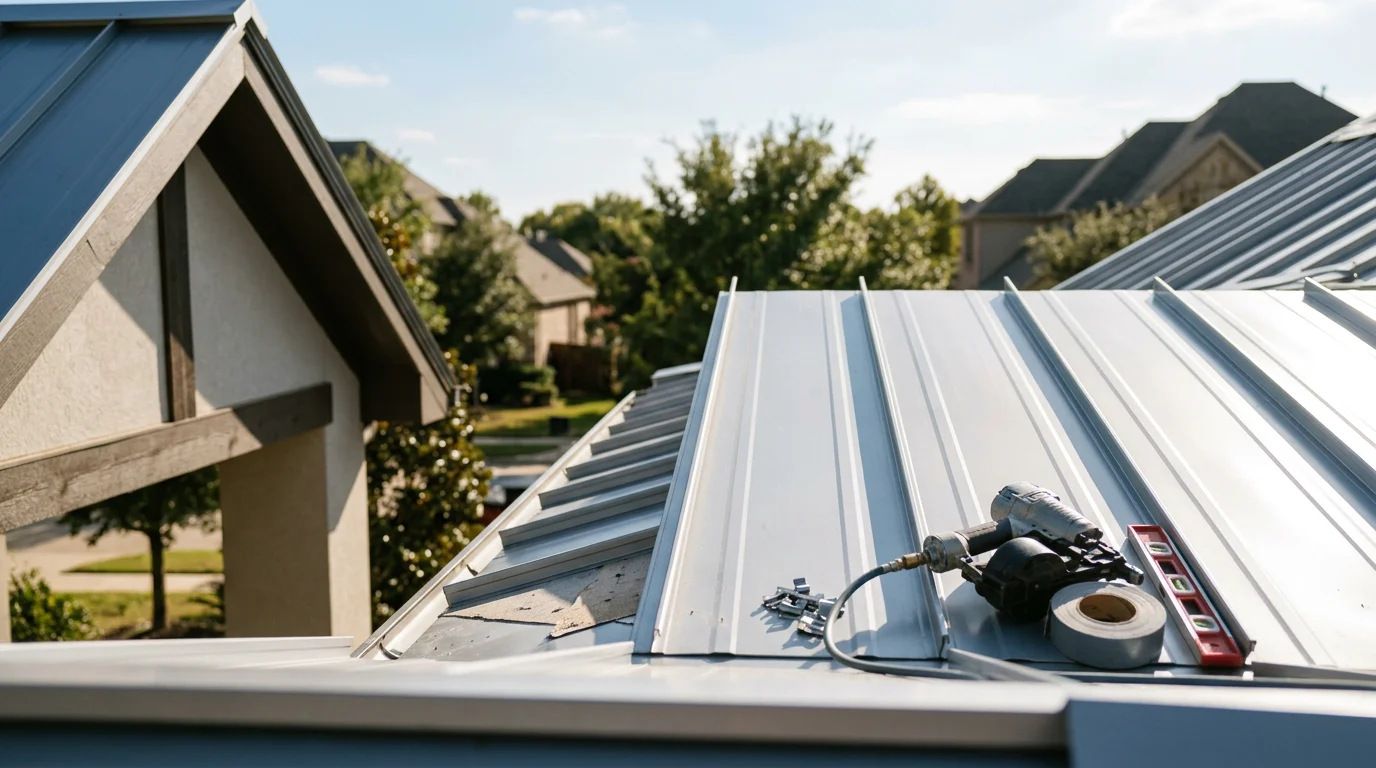 A completed standing seam metal roof installation on a residential home in Dallas/Ft. Worth, Texas, showing clean vertical panels and raised interlocking seams under a clear North Texas sky.