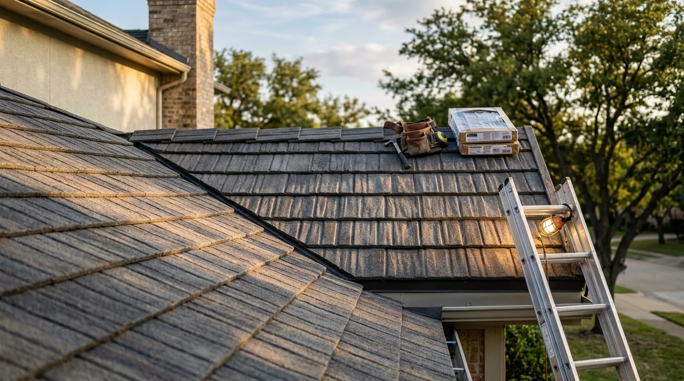 Completed stone coated steel roof installation on a single-family home in Dallas/Ft. Worth, Texas, showing textured stone granule panels in a shingle profile under clear North Texas sky. Close view highlights the layered panel surface and uniform color across the full roofline.