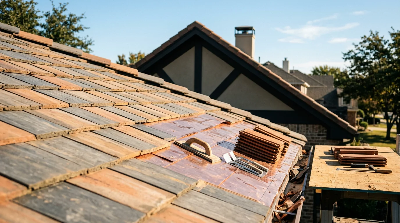 A completed tile roof installation on a residential home in Dallas/Ft. Worth, Texas, showing uniform clay tile placement with clean ridge lines and properly sealed flashing at the roof edges. The surrounding neighborhood reflects the established residential architecture common in the Dallas/Ft. Worth area.