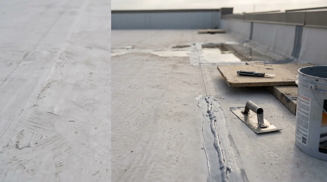 A commercial flat roof on a Dallas/Ft. Worth, TX office building showing completed waterproofing restoration with sealed seams and restored flashing along the parapet edge. The finished surface reflects the North Texas sun with no visible ponding areas or membrane damage.