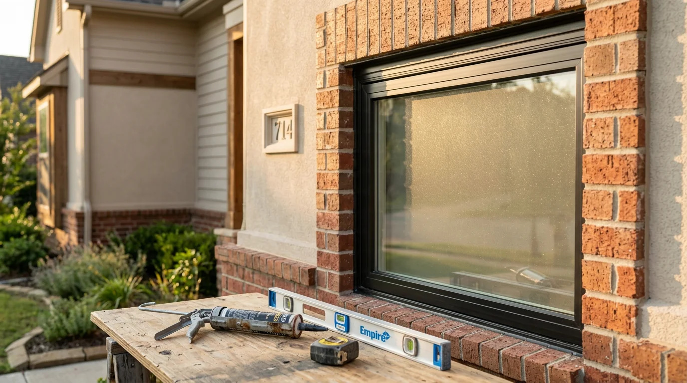 Freshly installed replacement windows on a brick-exterior home in Dallas/Ft. Worth, Texas, with clean interior trim visible and a clear view of the front yard. The new frames sit flush against the exterior wall, showing tight seals and updated curb appeal.